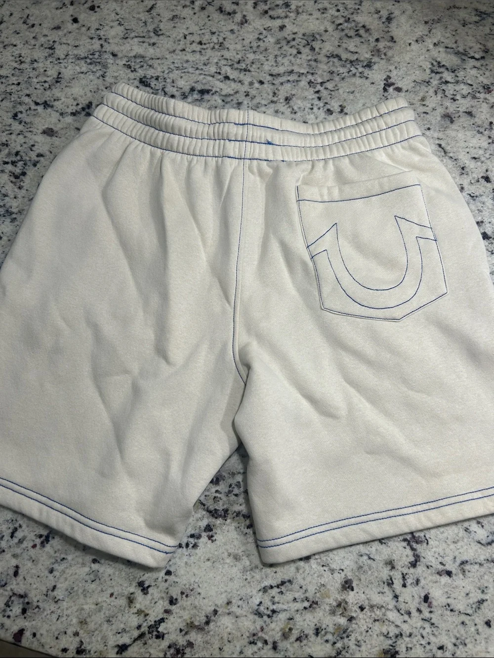 True Religion Cream Shorts with Blue Drawstring and Trim